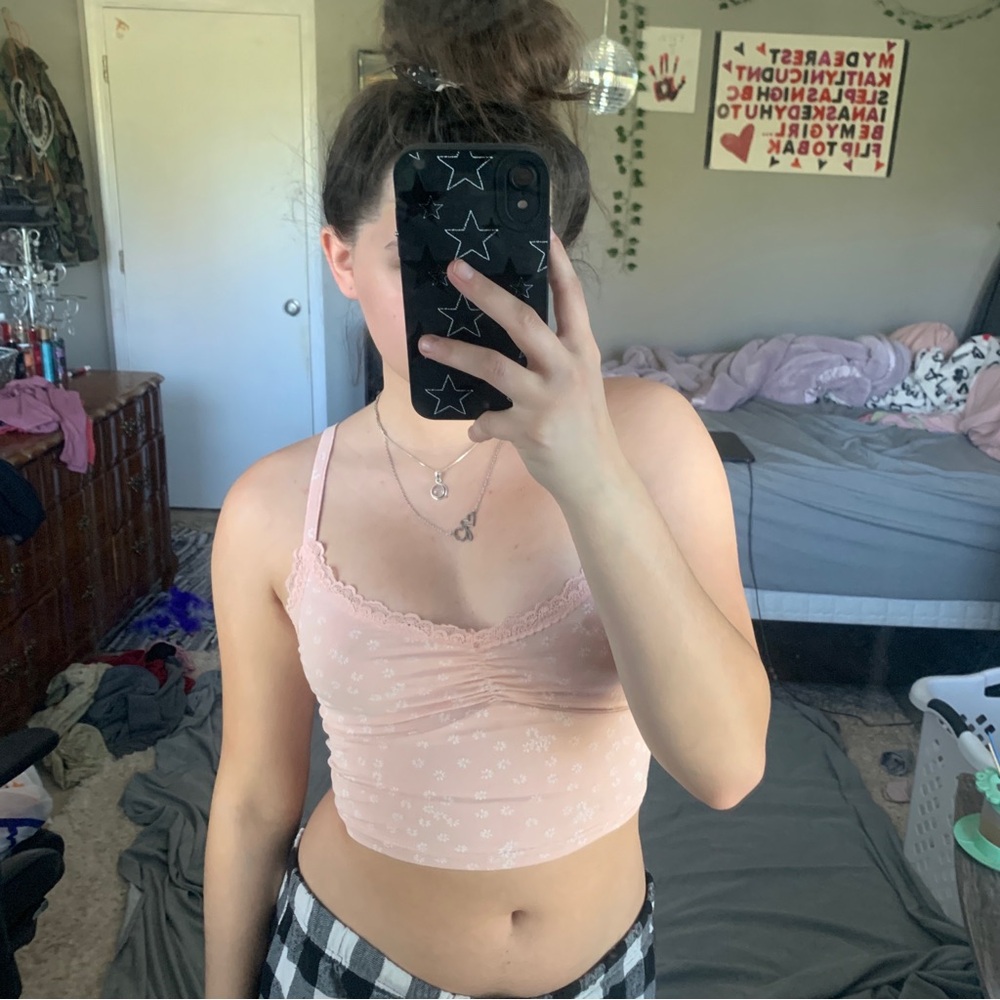Women's Pink Lace Trim Crop Top